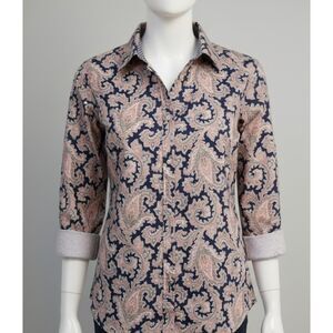 Chaps women petite no-iron button down shirt Large cotton pink and blue paisley